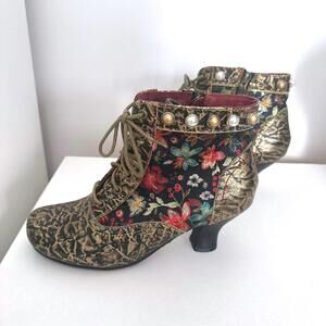 Gold Floral Embroidered Lace-Up Ankle Booties